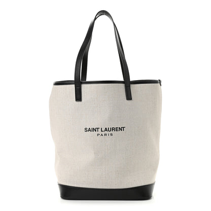 Saint Laurent Canvas Calfskin Teddy Drawstring Shopping Tote White Black 4 of 11