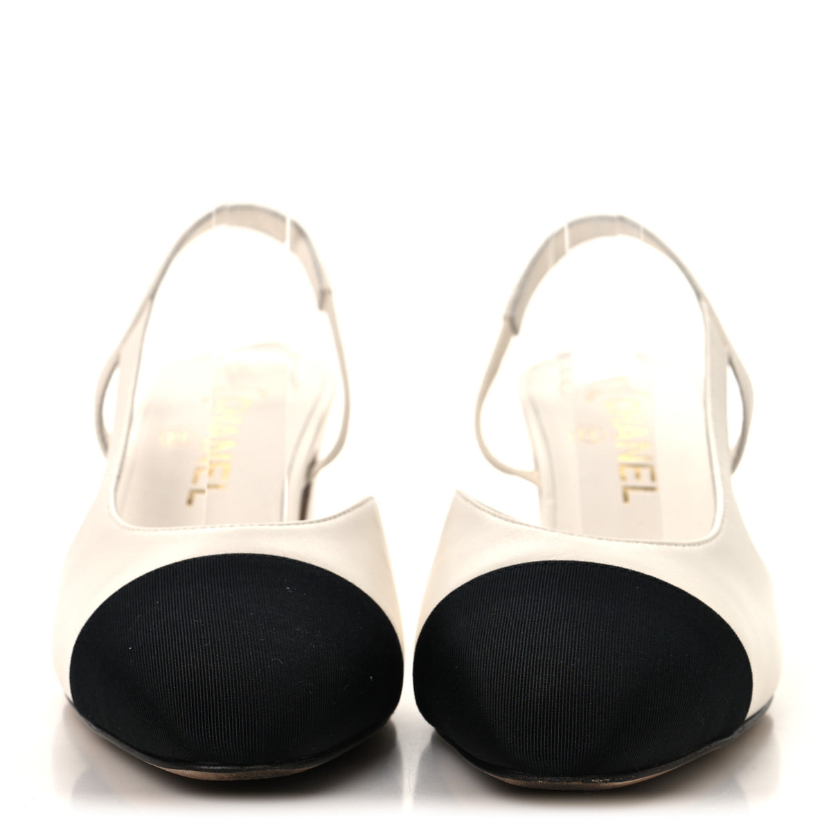 Chanel Goatskin Grosgrain Cap Toe CC Slingback Pumps 38 White Black 3 of 10