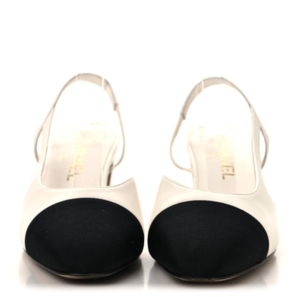 Chanel Goatskin Grosgrain Cap Toe CC Slingback Pumps 38 White Black 3 of 10