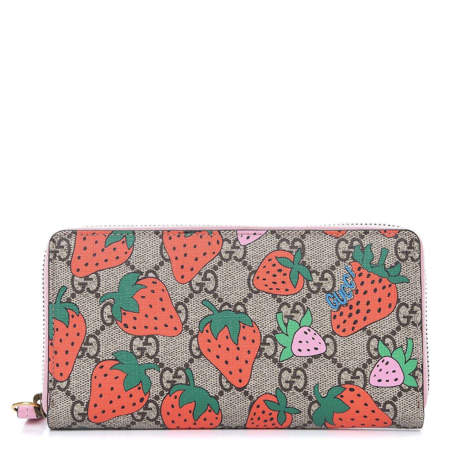 Gucci GG Supreme Monogram Strawberry Zip Around Wallet Light Pink