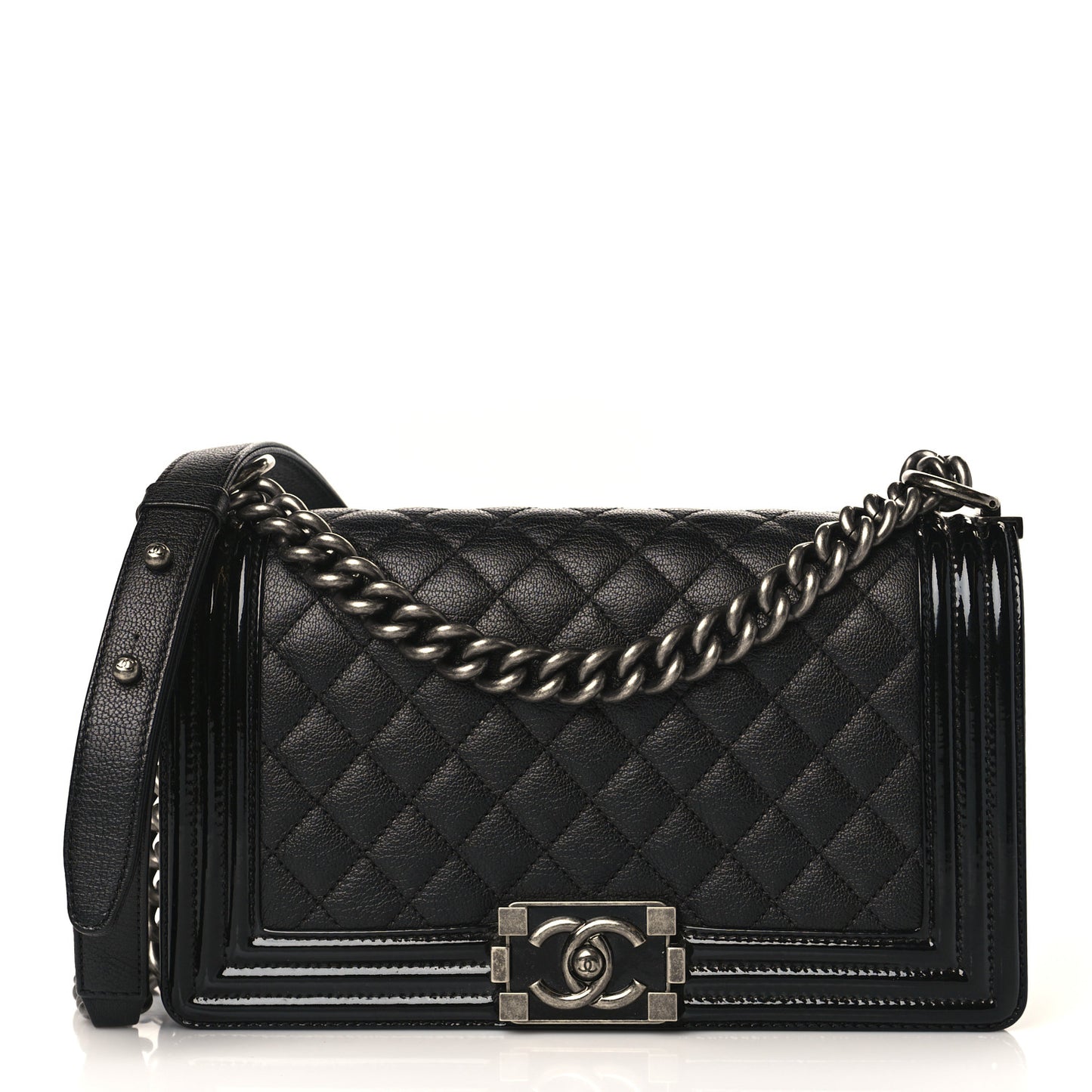 Goatskin Quilted Patent Medium Duo Boy Flap Black