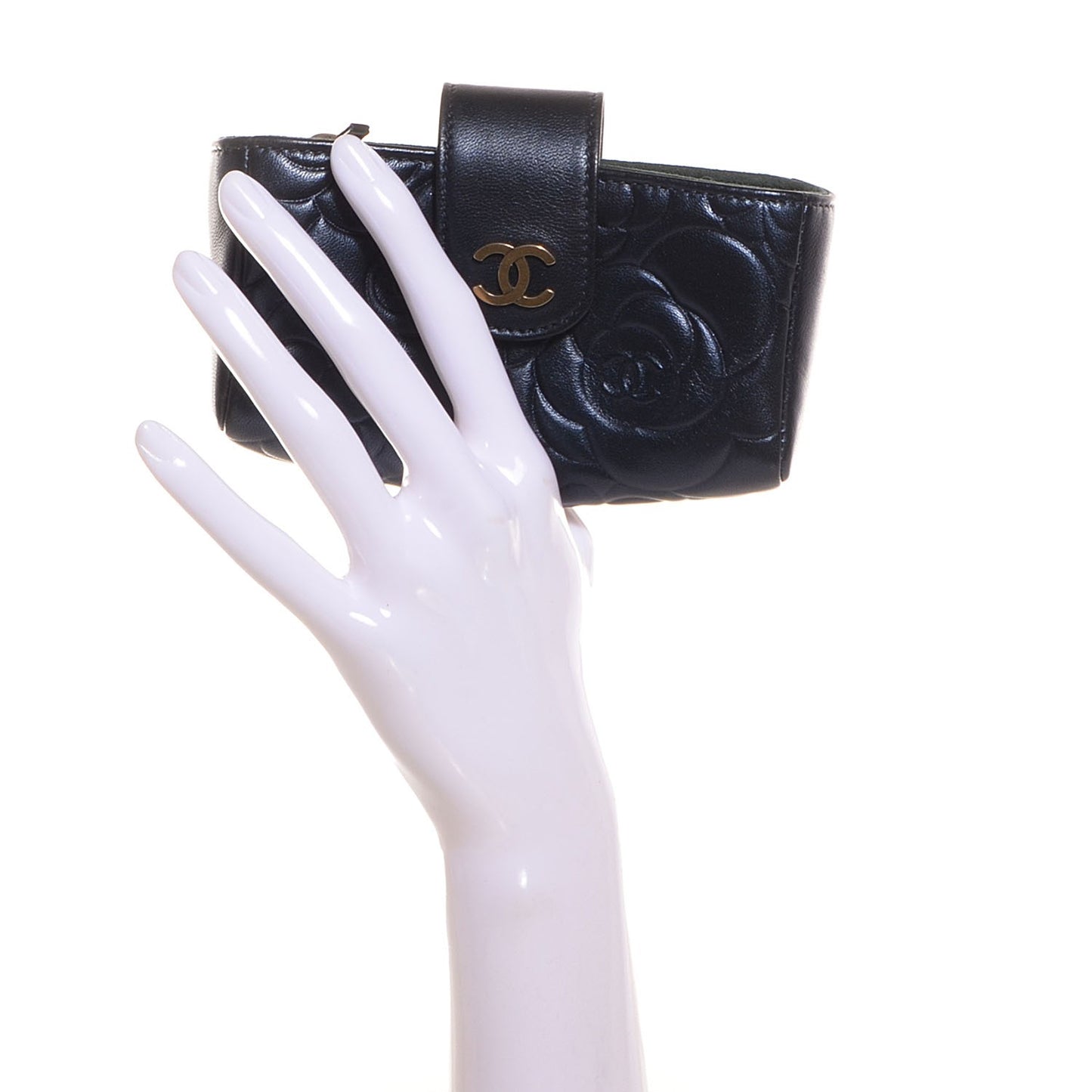 Lambskin Camellia Embossed Mini Phone Holder Clutch Dark Blue