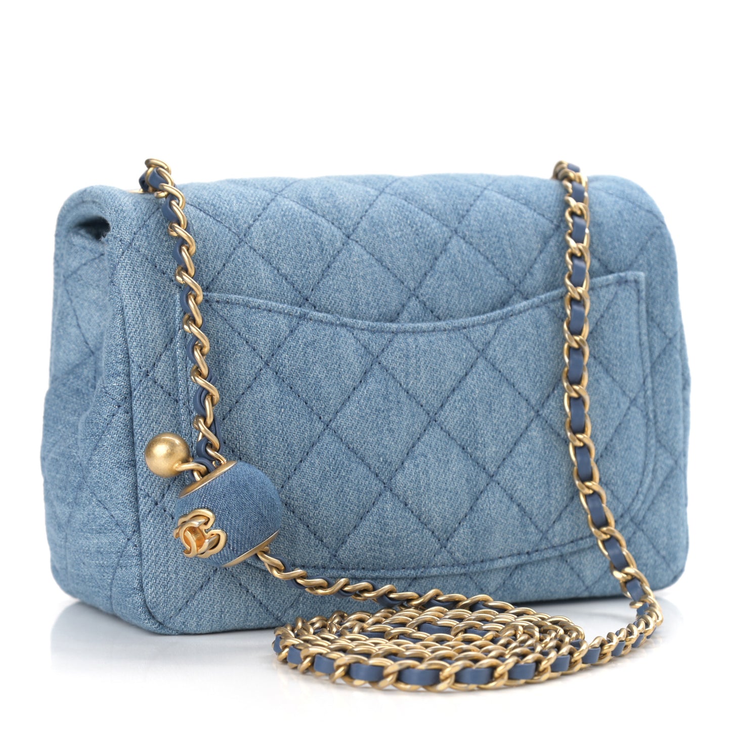 Denim Quilted Mini Pearl Crush Flap Blue