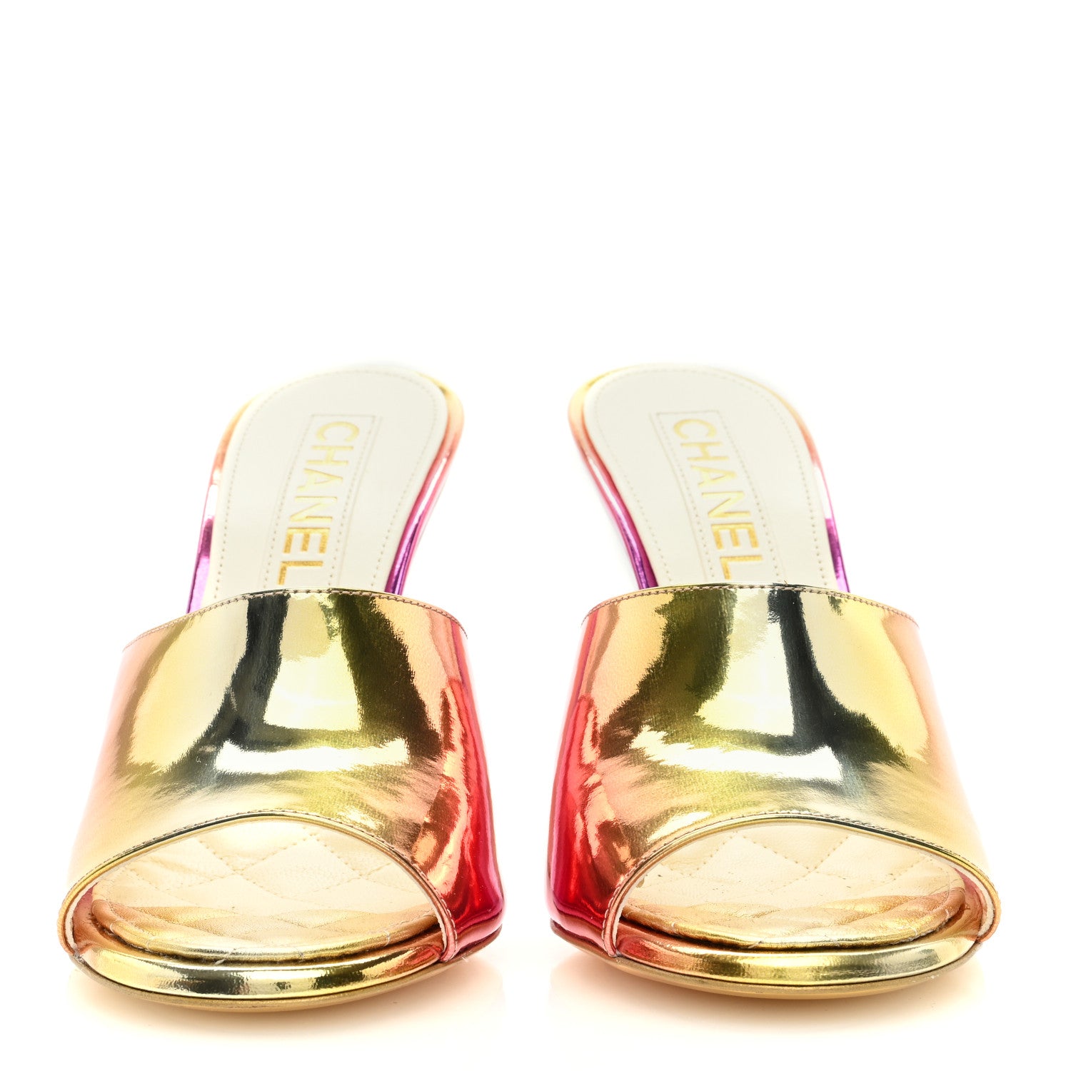 Chanel Laminated Calfskin Wedge Mules 37.5 Pink Orange Yellow 2 of 6