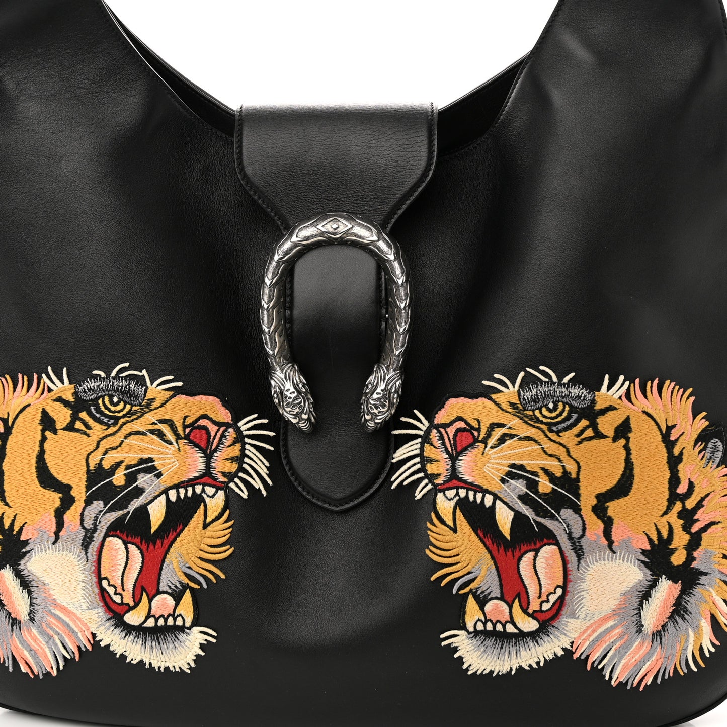 Calfskin Web Tiger Embroidered Large Dionysus Hobo Black