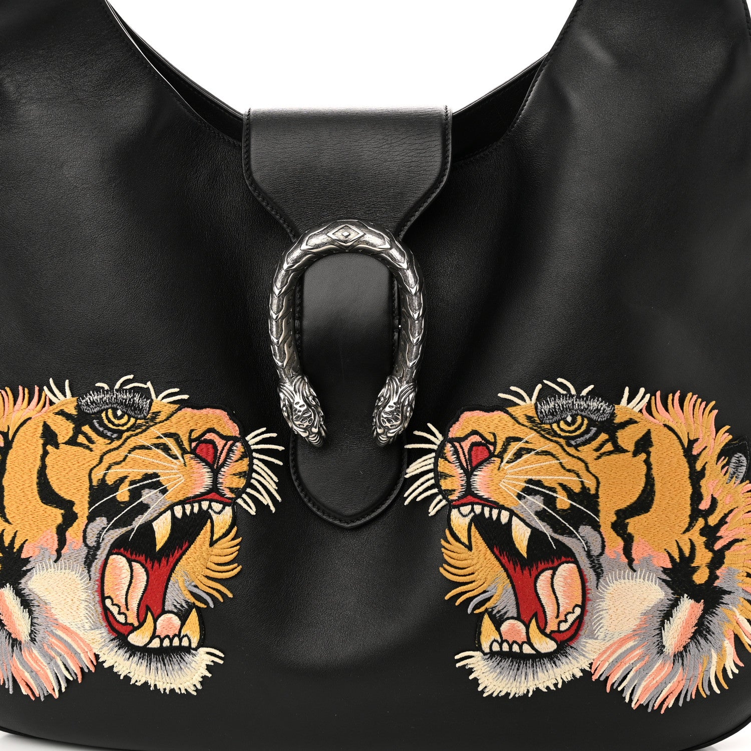 Gucci Calfskin Web Tiger Embroidered Large Dionysus Hobo Black 8 of 10
