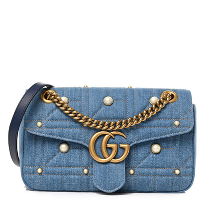 Gucci Denim Matelasse Pearl Studded Small GG Marmont Shoulder Bag Blue 1 of 9