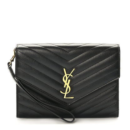 Saint Laurent Grain De Poudre Matelasse Chevron Monogram Envelope Clutch Black 1 of 8