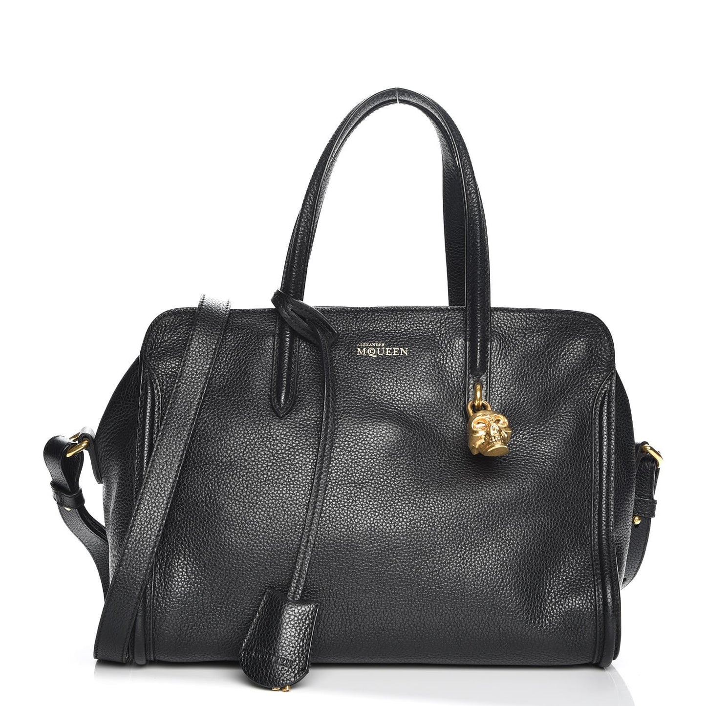 Pebbled Calfskin Small Skull Padlock Zip Around Tote Black