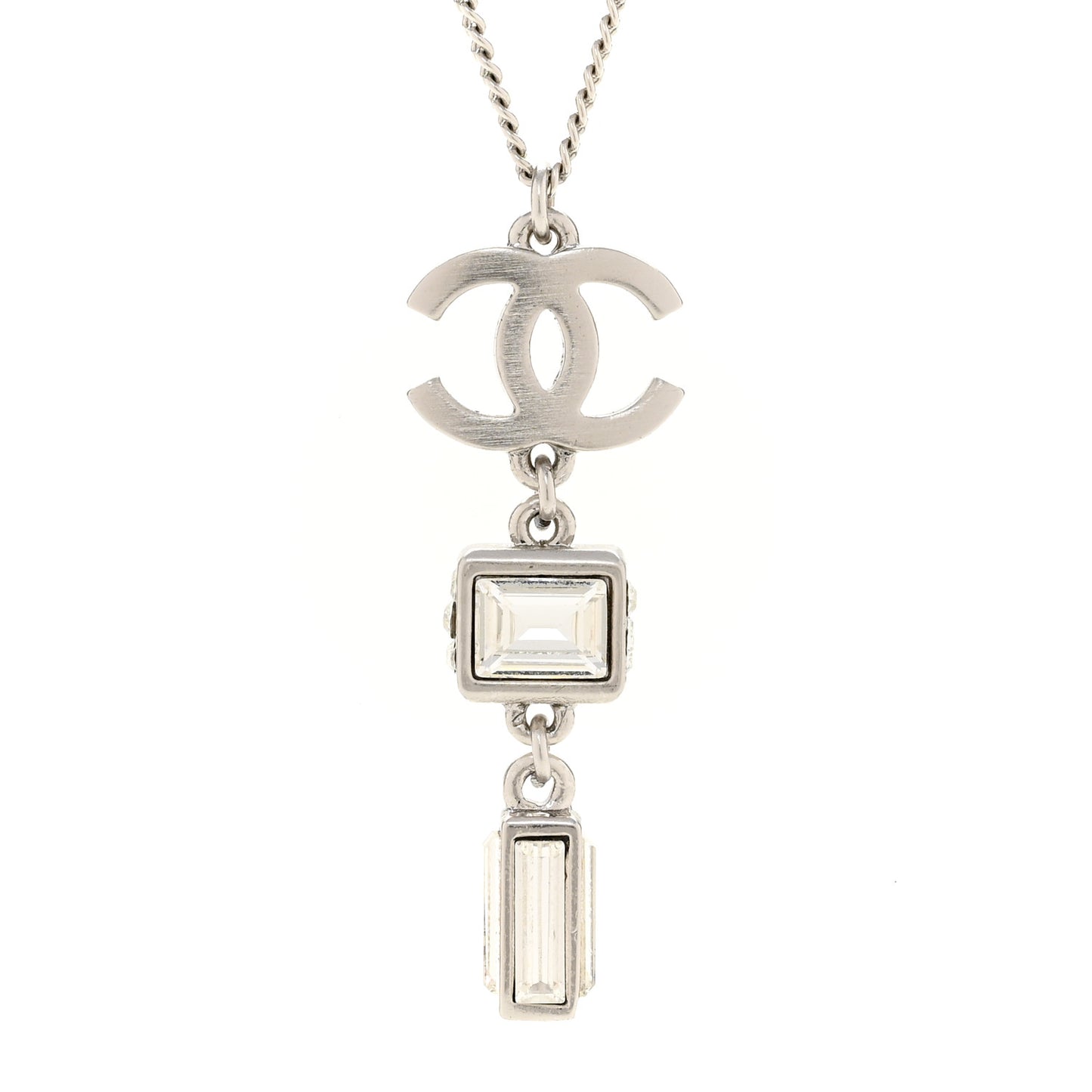 Crystal Baguette CC Drop Pendant Necklace Silver
