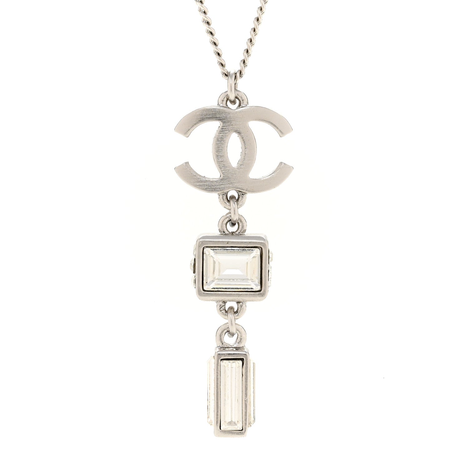 Chanel Crystal Baguette CC Drop Pendant Necklace Silver 4 of 7