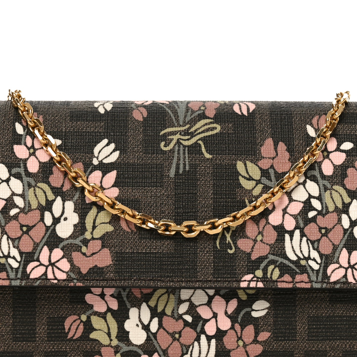 Fabric Jacquard FF 1974 Bouquet Print Continental Wallet On Chain Gold Tobacco Brown