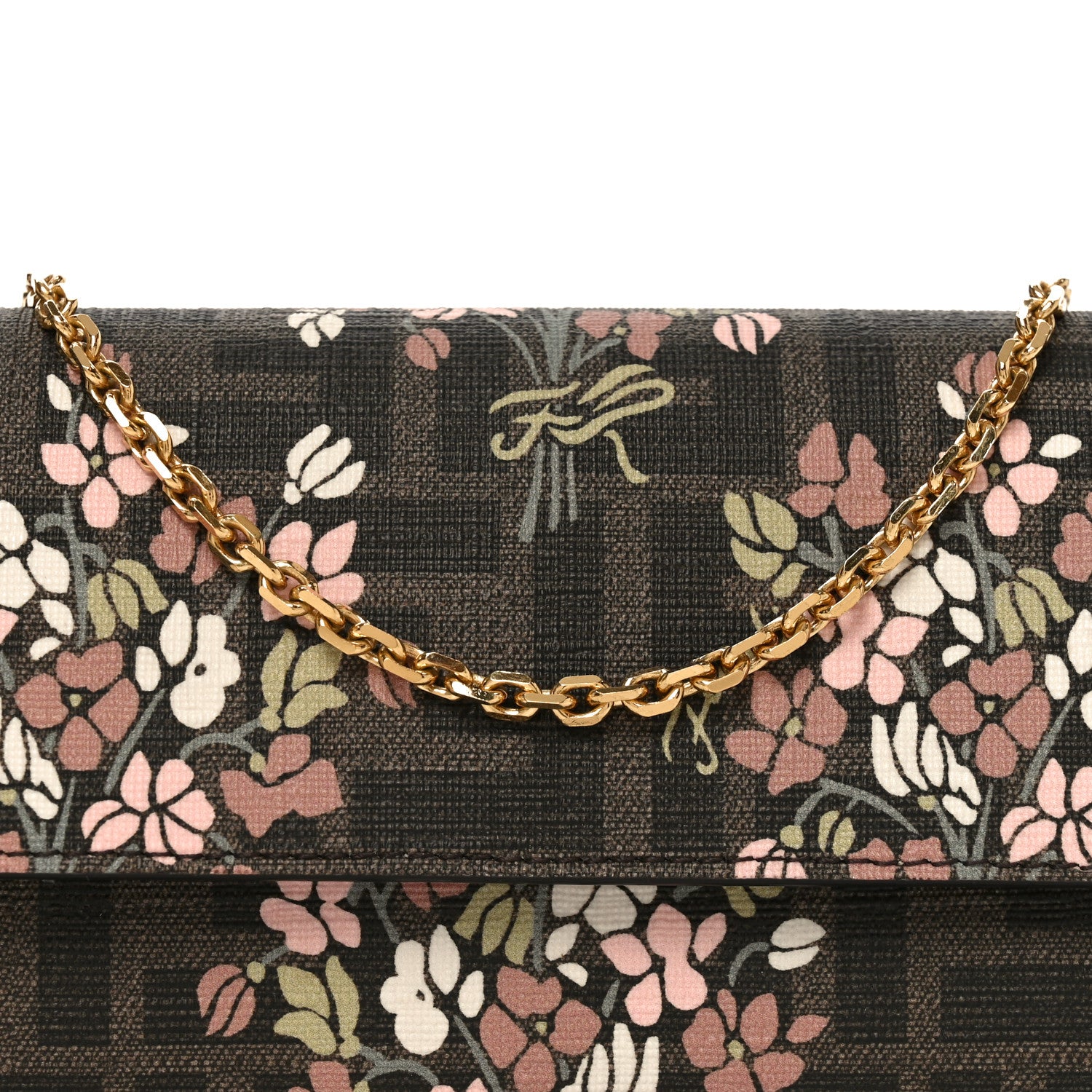 Fendi Fabric Jacquard FF 1974 Bouquet Print Continental Wallet On Chain Gold Tobacco Brown 8 of 11