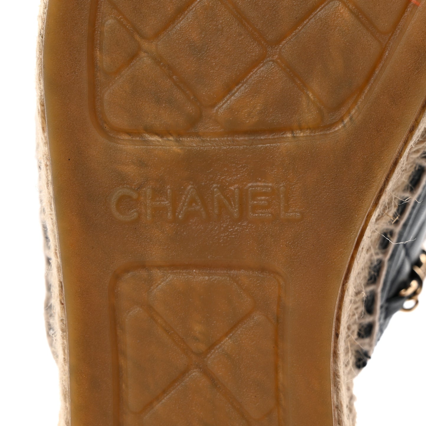 Lambskin Grosgrain Quilted CC Chain Espadrille Mules 37 Navy Black