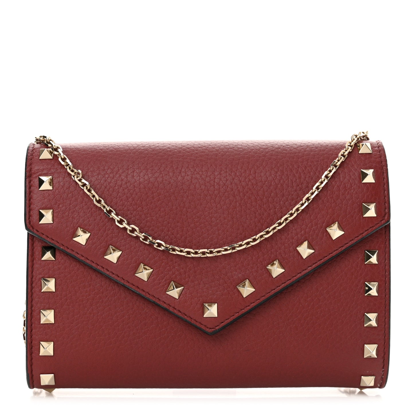 Pebbled Calfskin Rockstud Envelope Wallet on Chain Rubino