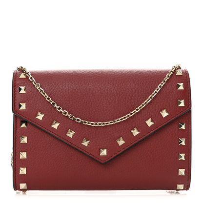 Valentino Garavani Pebbled Calfskin Rockstud Envelope Wallet on Chain Rubino 1 of 13