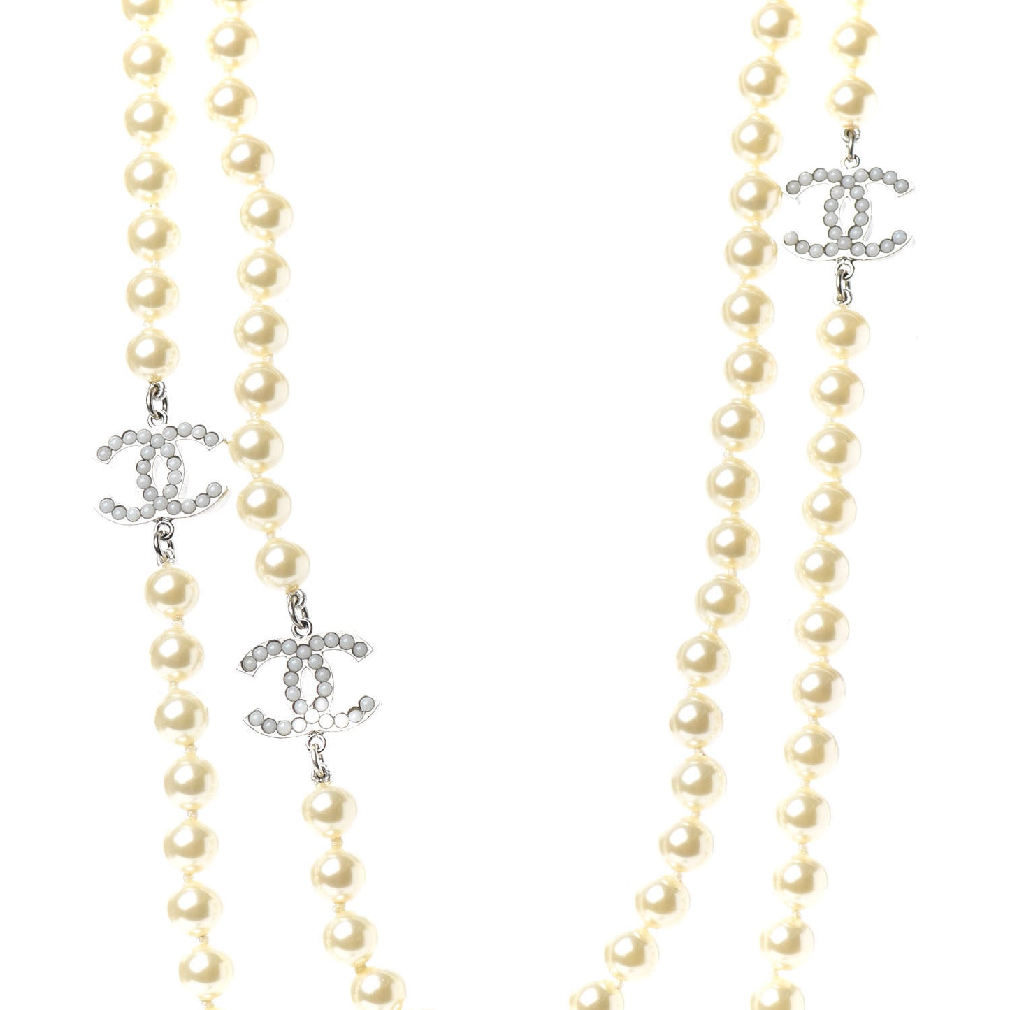 Graduated Pearl CC Long Necklace Silver