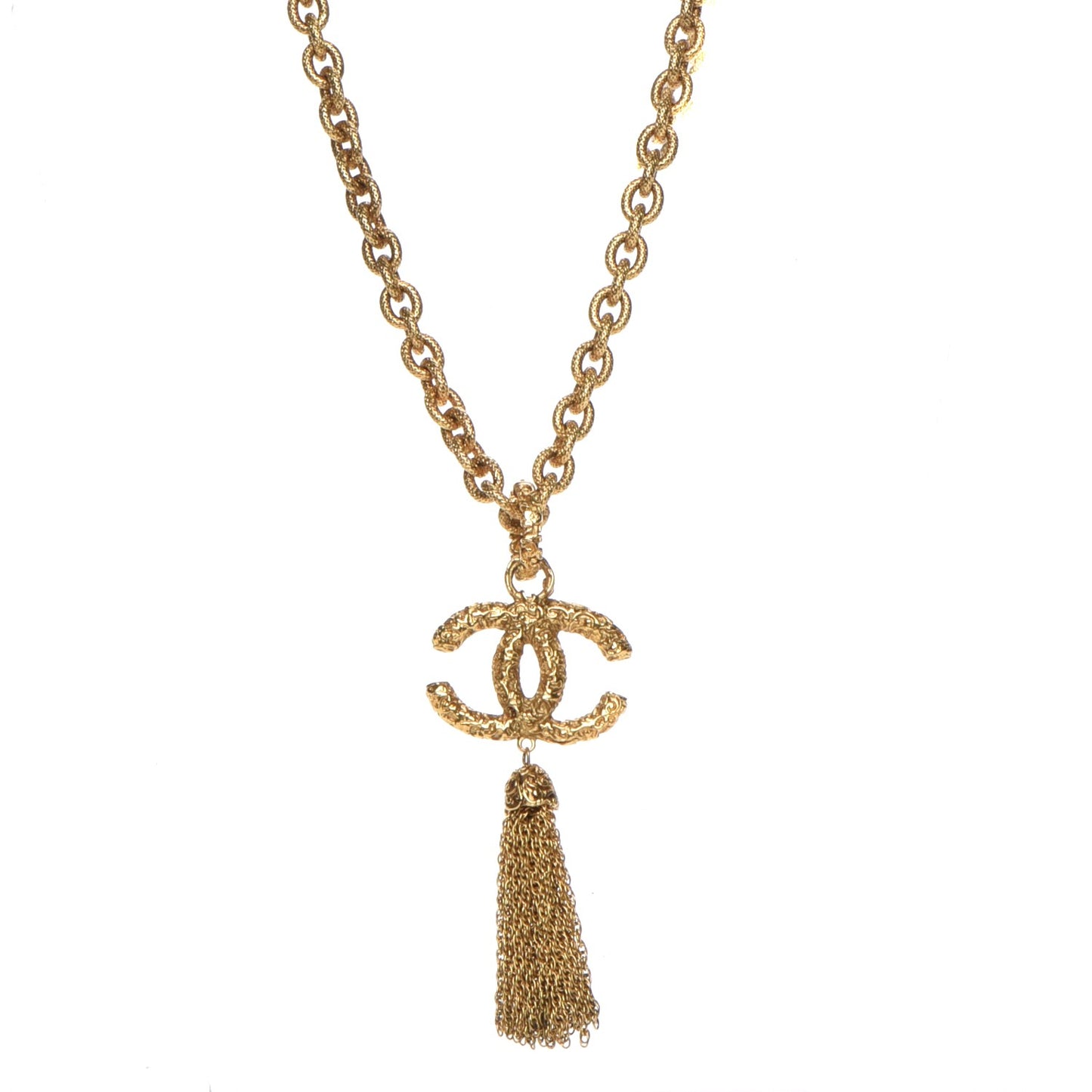 Textured Etruscan CC Tassel Necklace Gold
