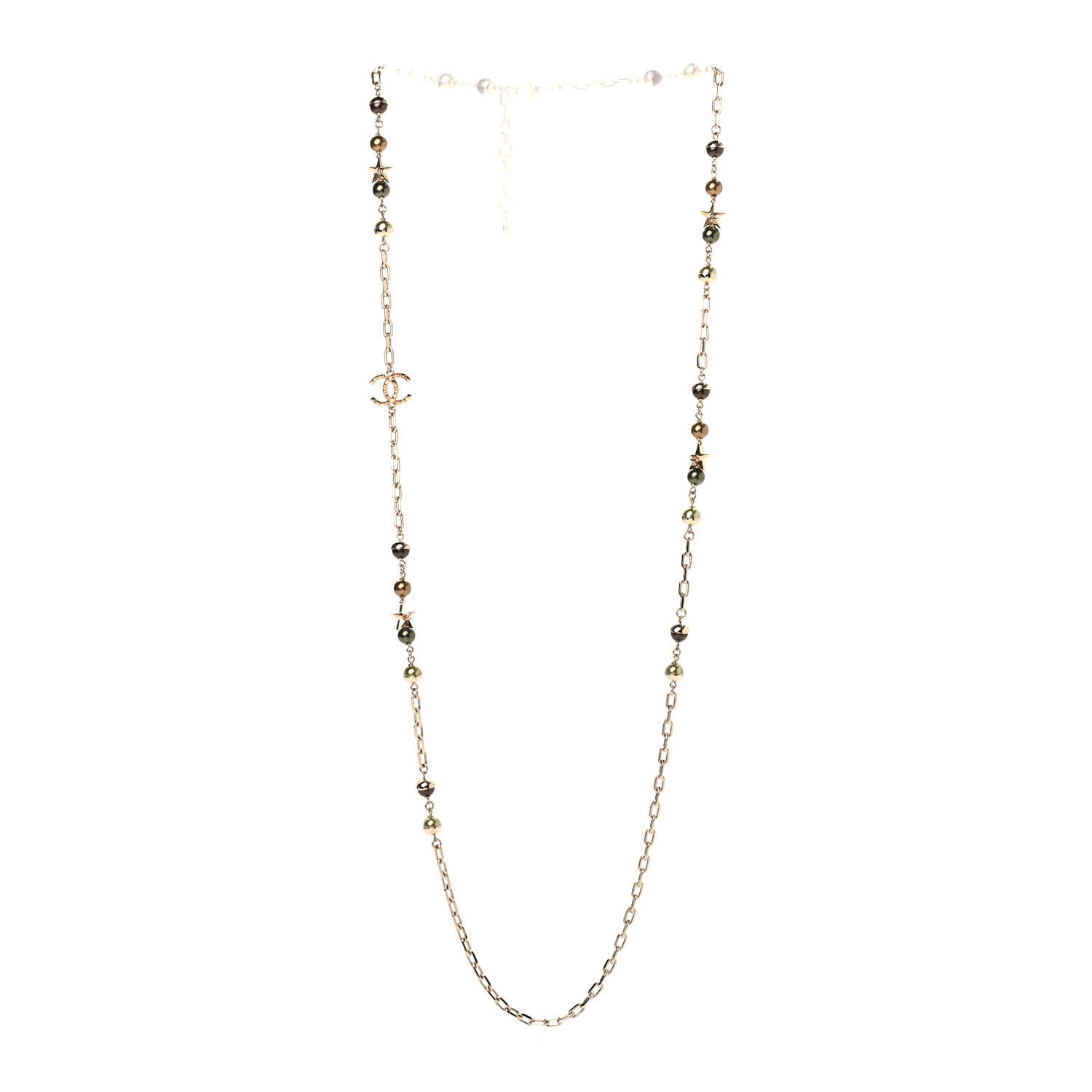 Chanel Beaded Star CC Long Necklace Green Gold 3 of 7
