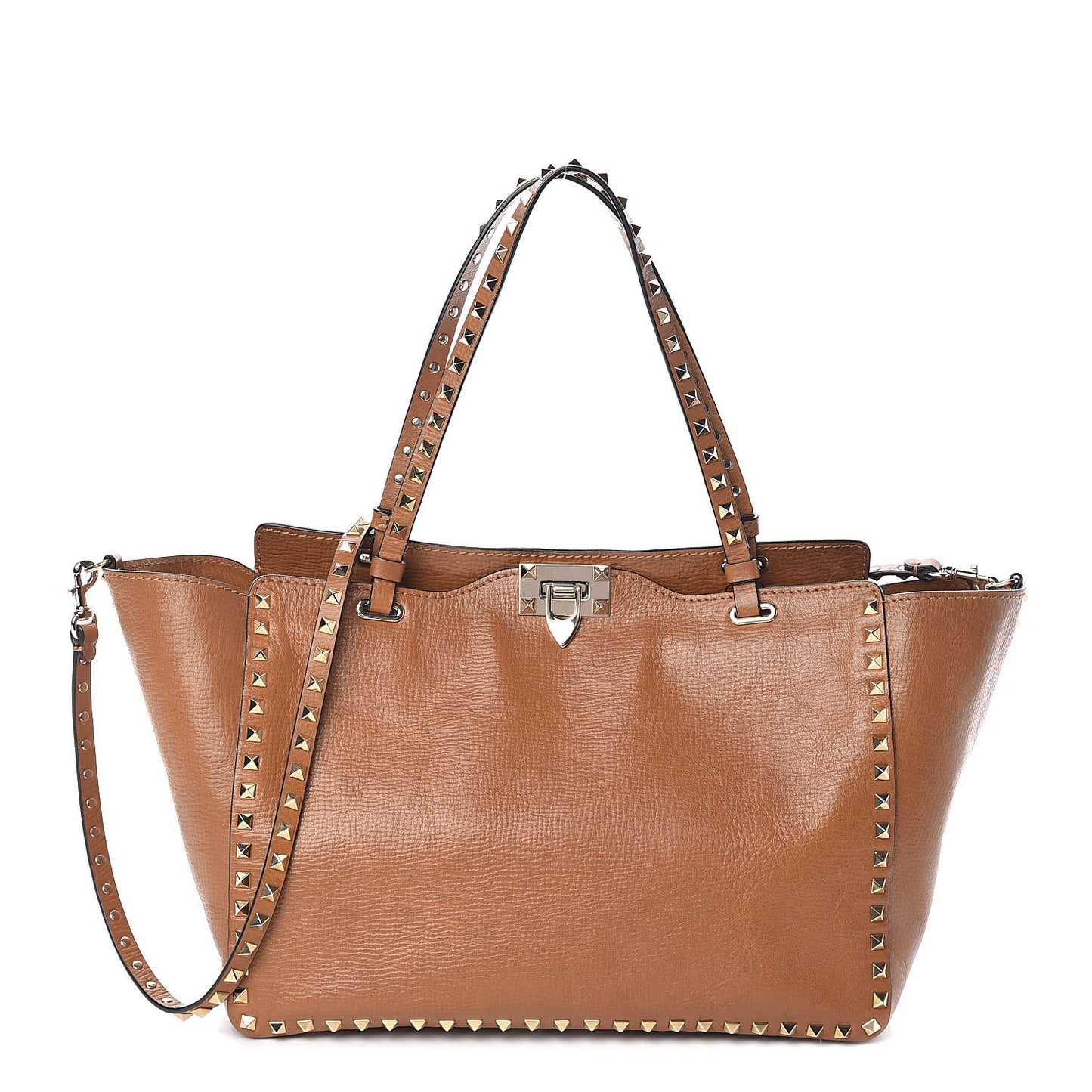 Textured Calfskin Medium Rockstud Tote Camel