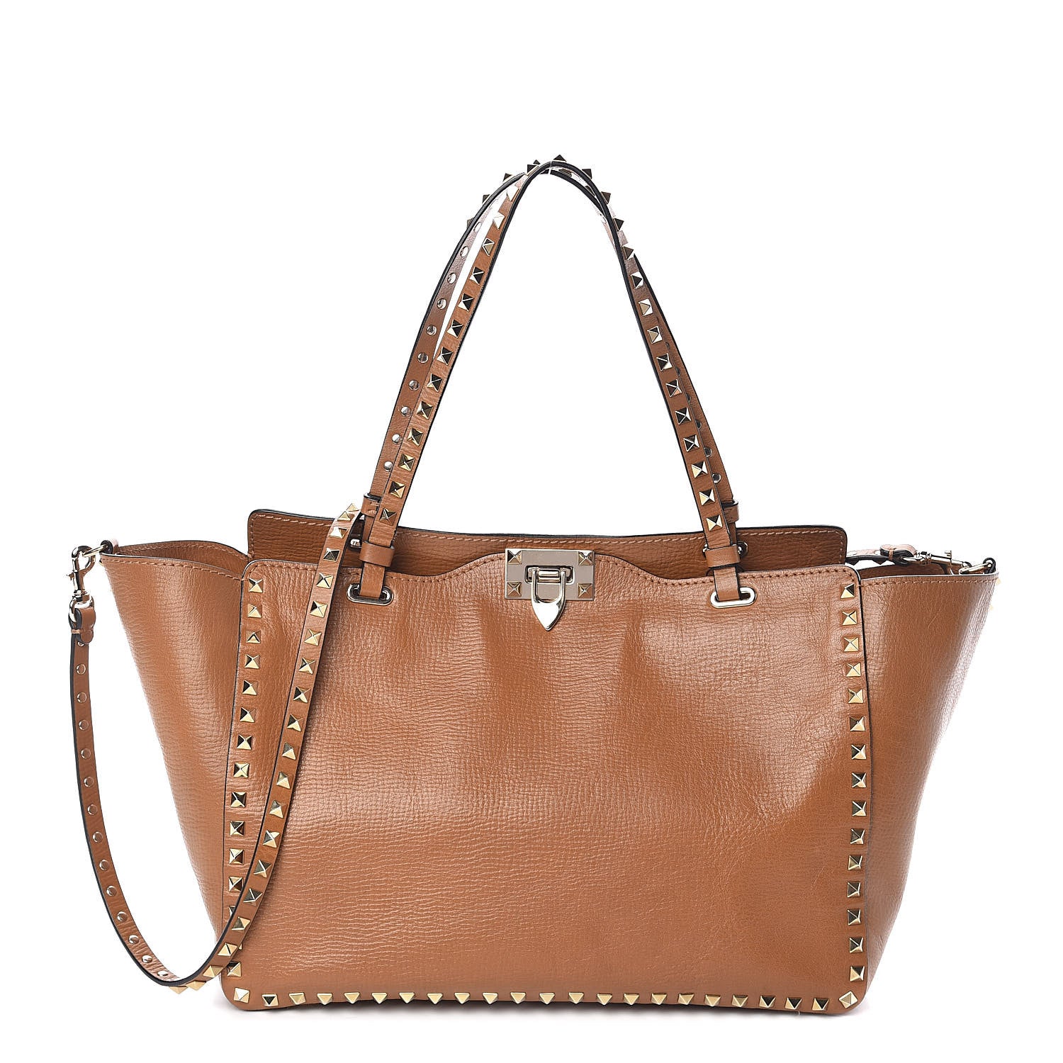 Valentino Garavani Textured Calfskin Medium Rockstud Tote Camel 1 of 9