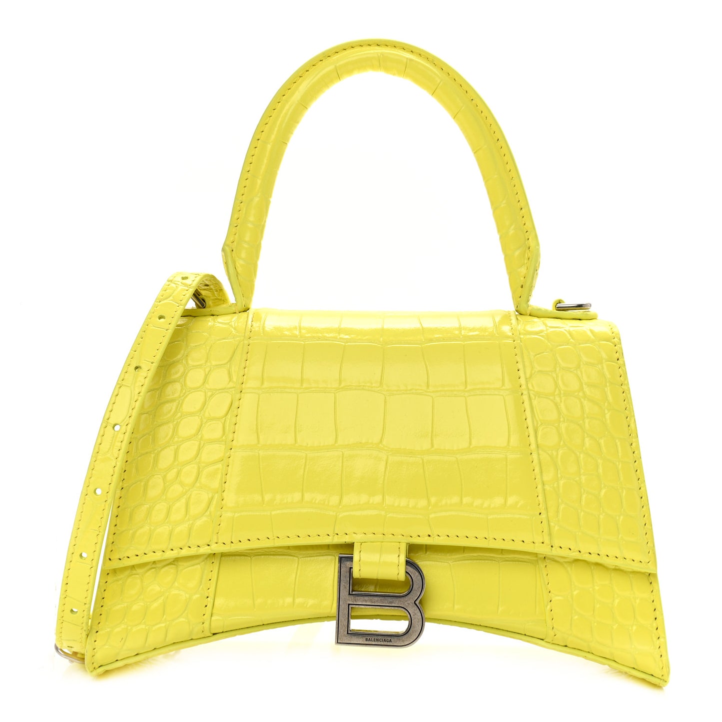 Shiny Calfskin Crocodile Embossed Small Hourglass Top Handle Bag Light Yellow