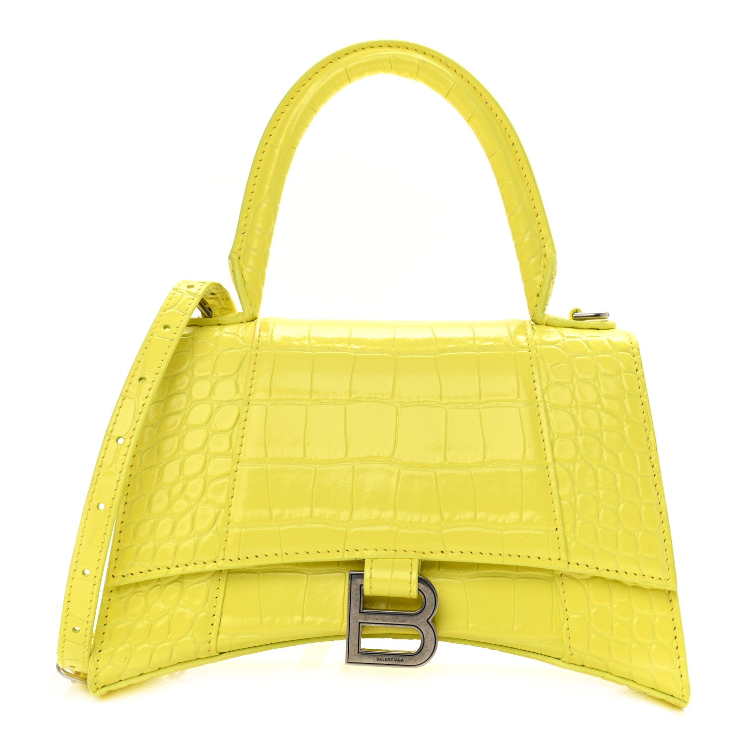 Balenciaga Shiny Calfskin Crocodile Embossed Small Hourglass Top Handle Bag Light Yellow 1 of 7