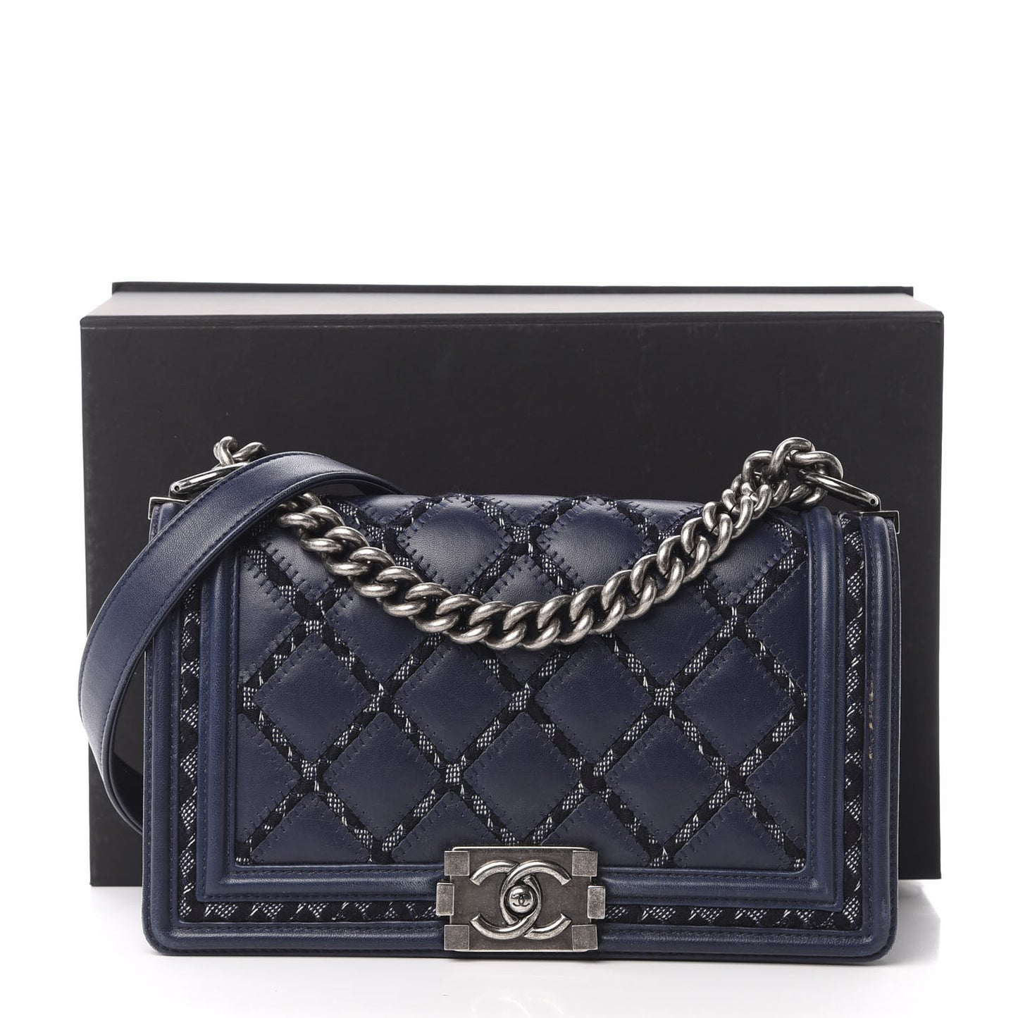 Calfskin Tweed Double Stitch Medium Boy Flap Navy Blue