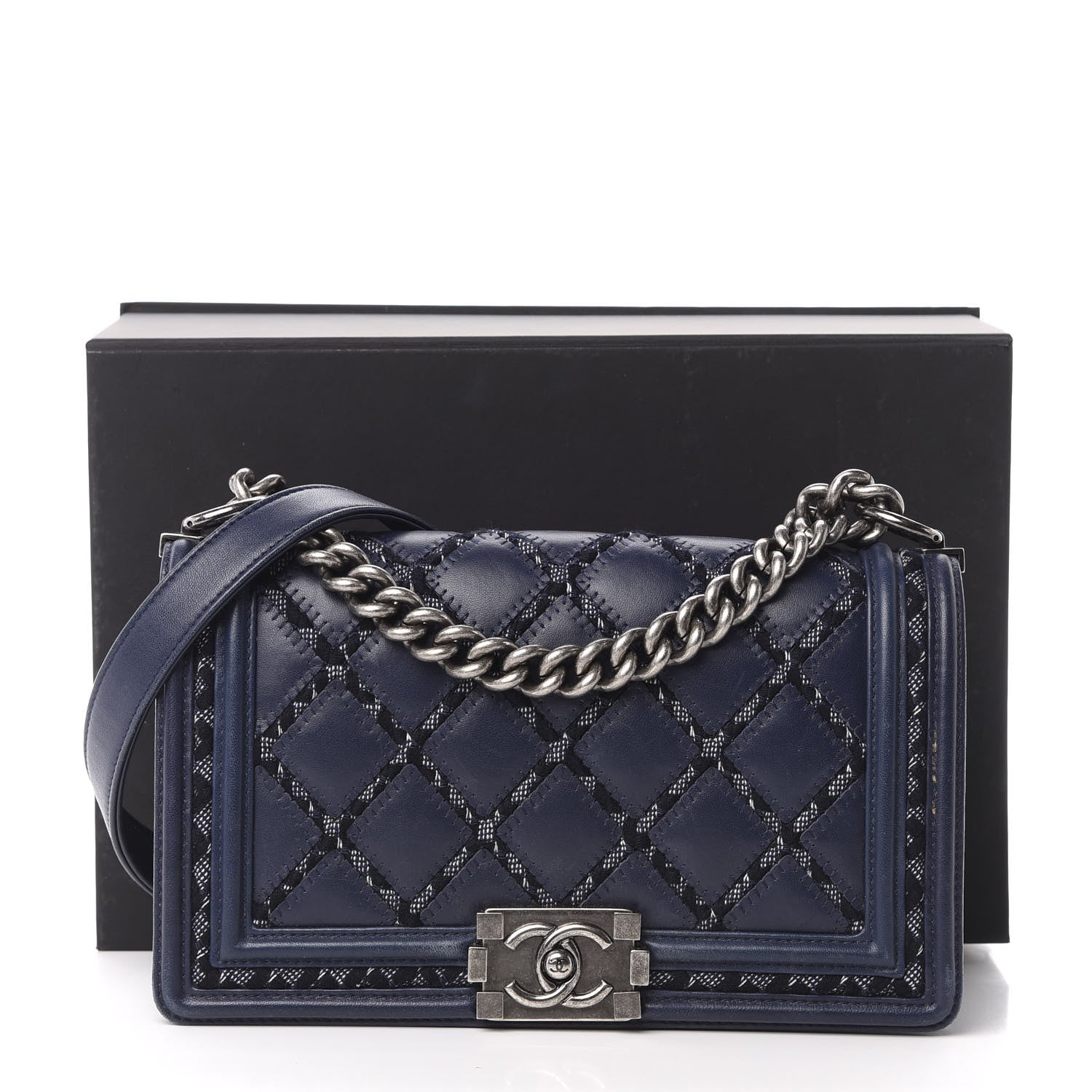 Chanel Calfskin Tweed Double Stitch Medium Boy Flap Navy Blue 14 of 14