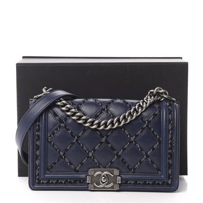 Chanel Calfskin Tweed Double Stitch Medium Boy Flap Navy Blue 14 of 14