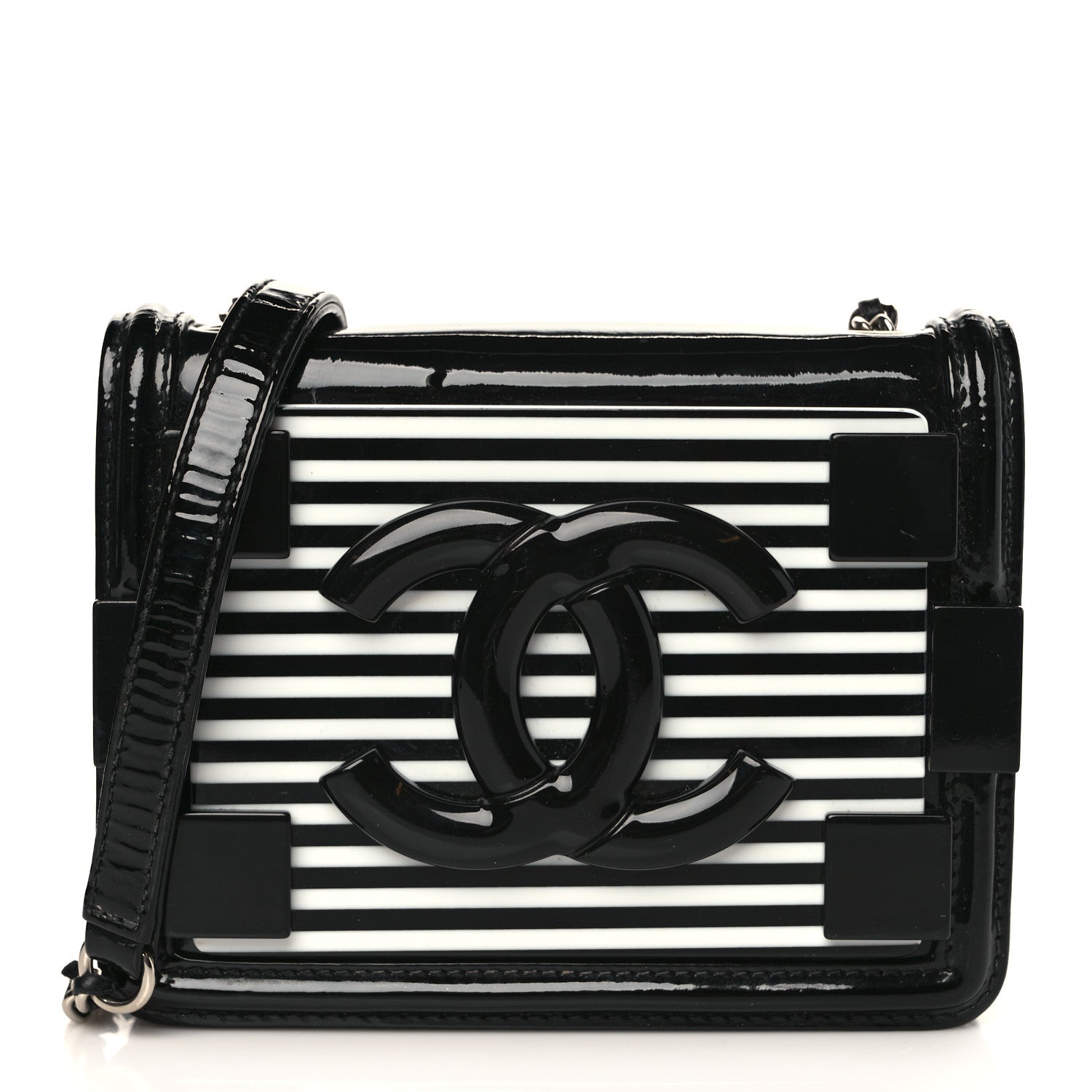 Chanel Plexiglass Patent Mini Striped Boy Brick Flap Black White 1 of 10