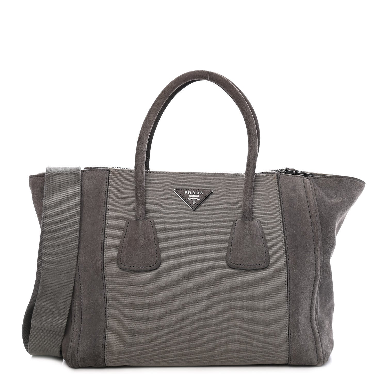 Prada Canvas Suede Scamosciato Twin Pocket Tote Grey 1 of 9