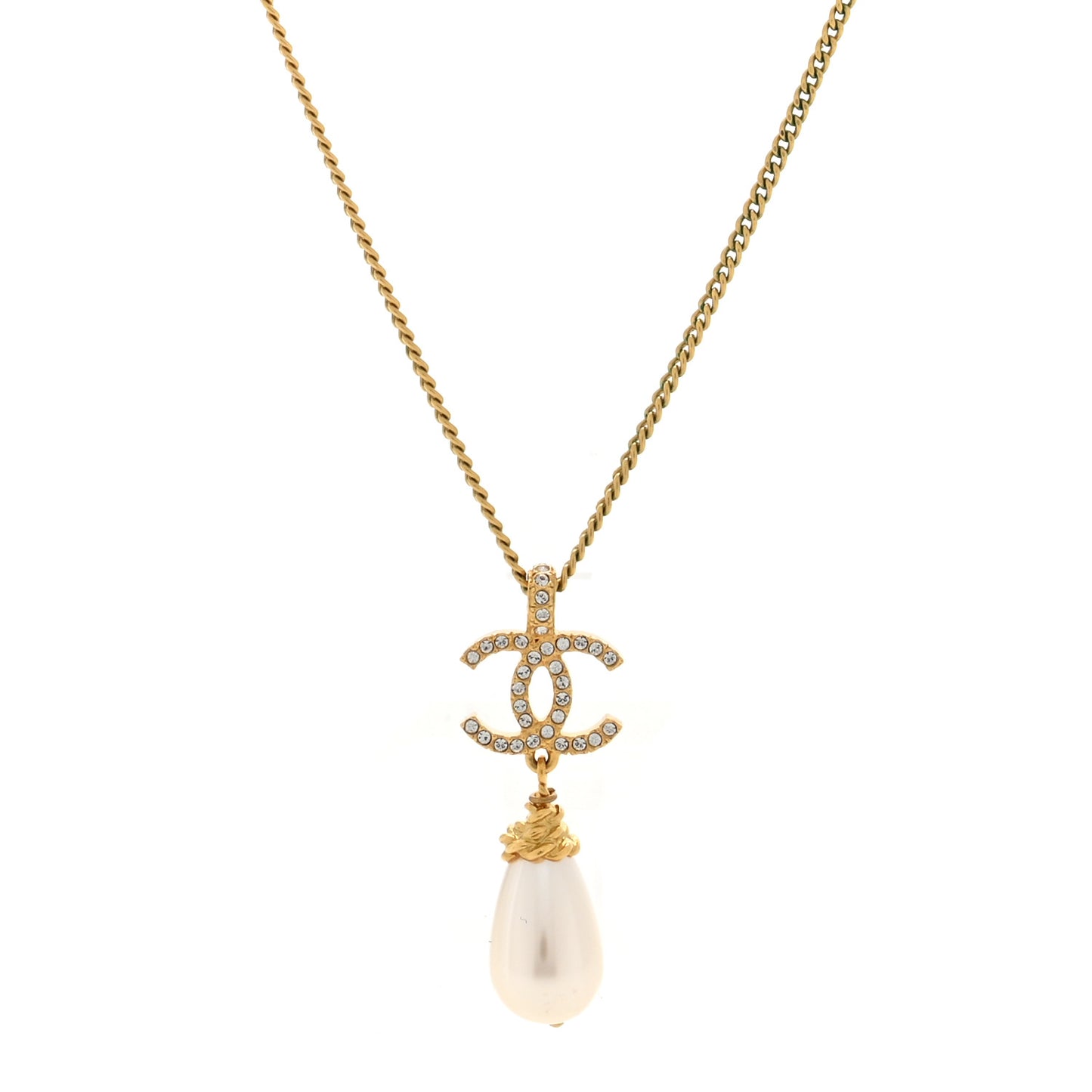 Pearl Crystal Twisted CC Drop Necklace Gold