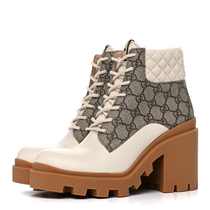 Gucci Calfskin GG Supreme Monogram Nappa Quilted Lace Up Ankle Boots 39 Mystic White Beige 3 of 14