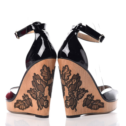 Valentino Garavani Calfskin Lace Applique Wood Wedge Sandals 39 Black 5 of 15