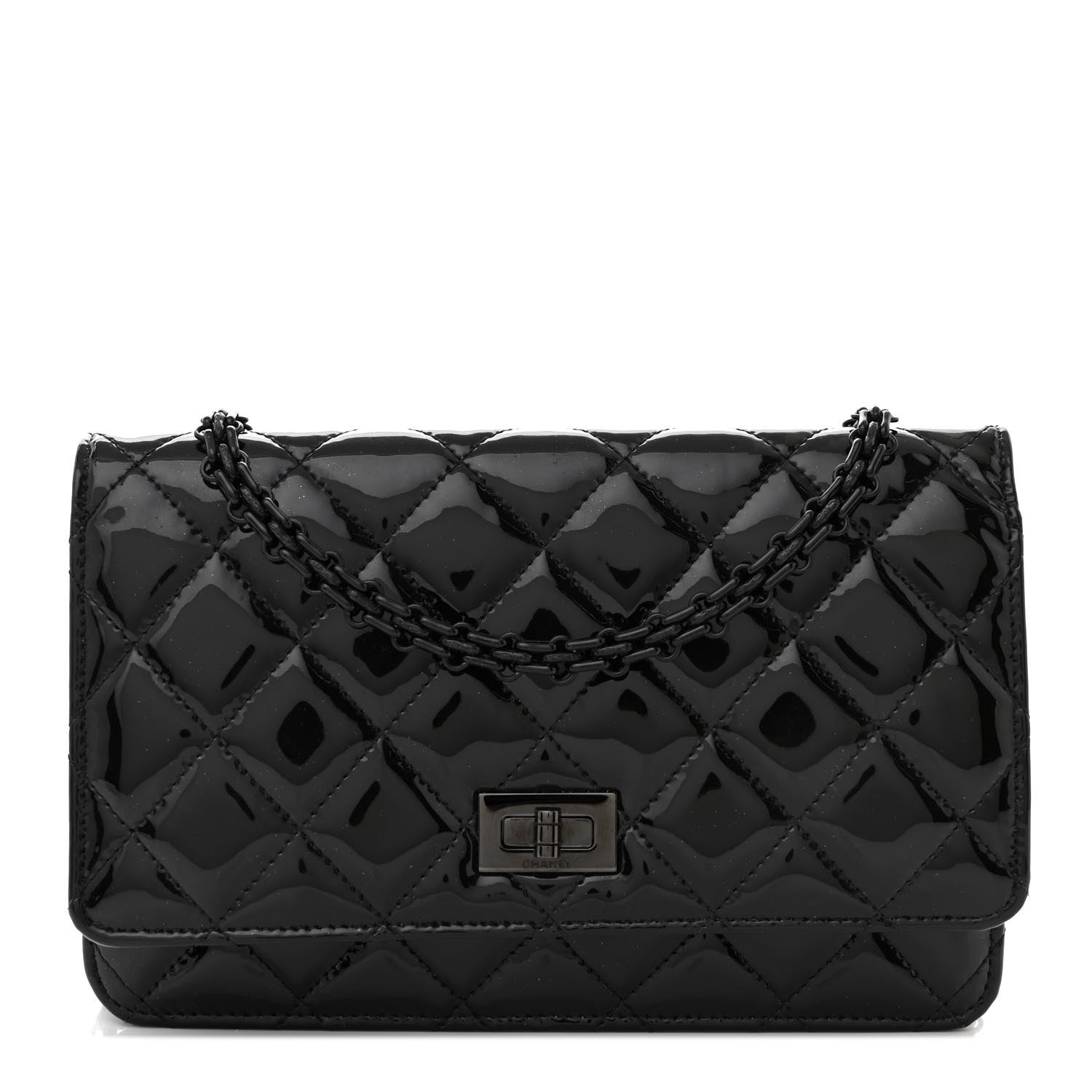 Chanel Patent Calfskin Quilted Reissue Wallet On Chain WOC Black 1 of 15