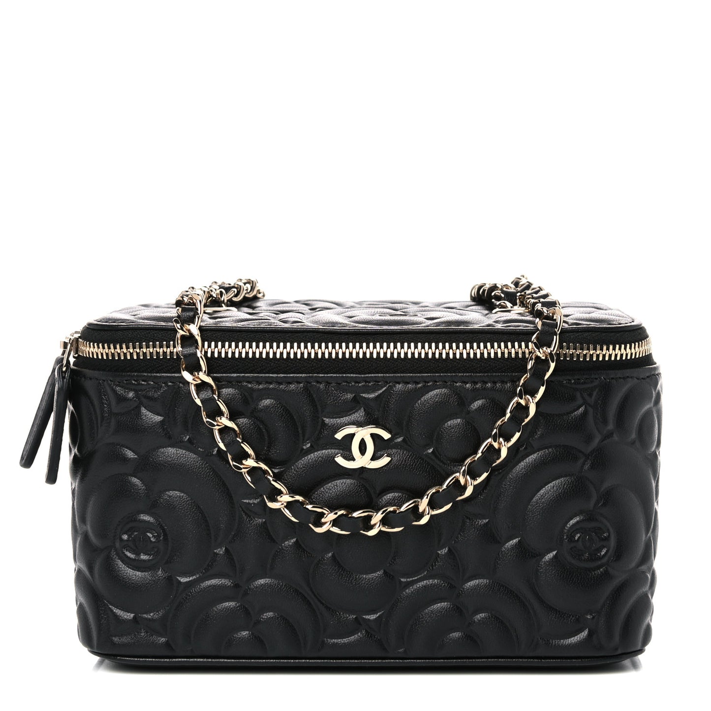 Lambskin Camellia Embossed Small Vanity Case With Chain Black