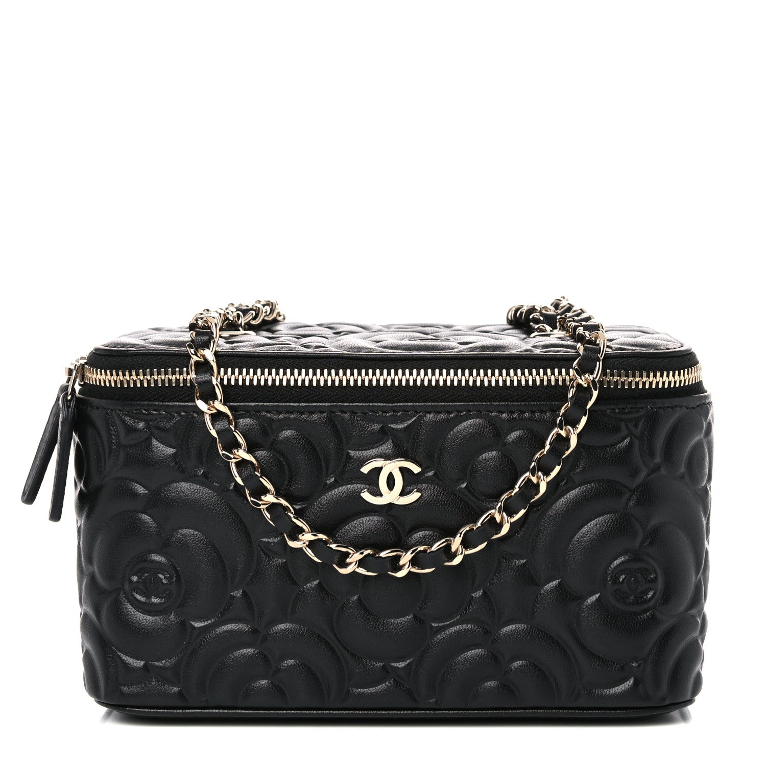 Chanel Lambskin Camellia Embossed Small Vanity Case With Chain Black 1 of 10