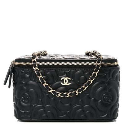Chanel Lambskin Camellia Embossed Small Vanity Case With Chain Black 1 of 10