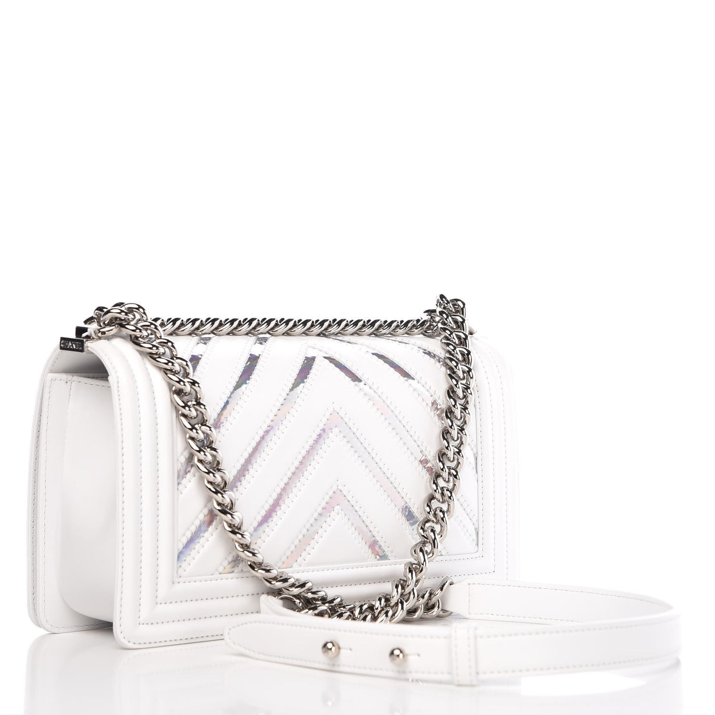 Lambskin Iridescent PVC Chevron Quilted Medium Boy Flap White Silver