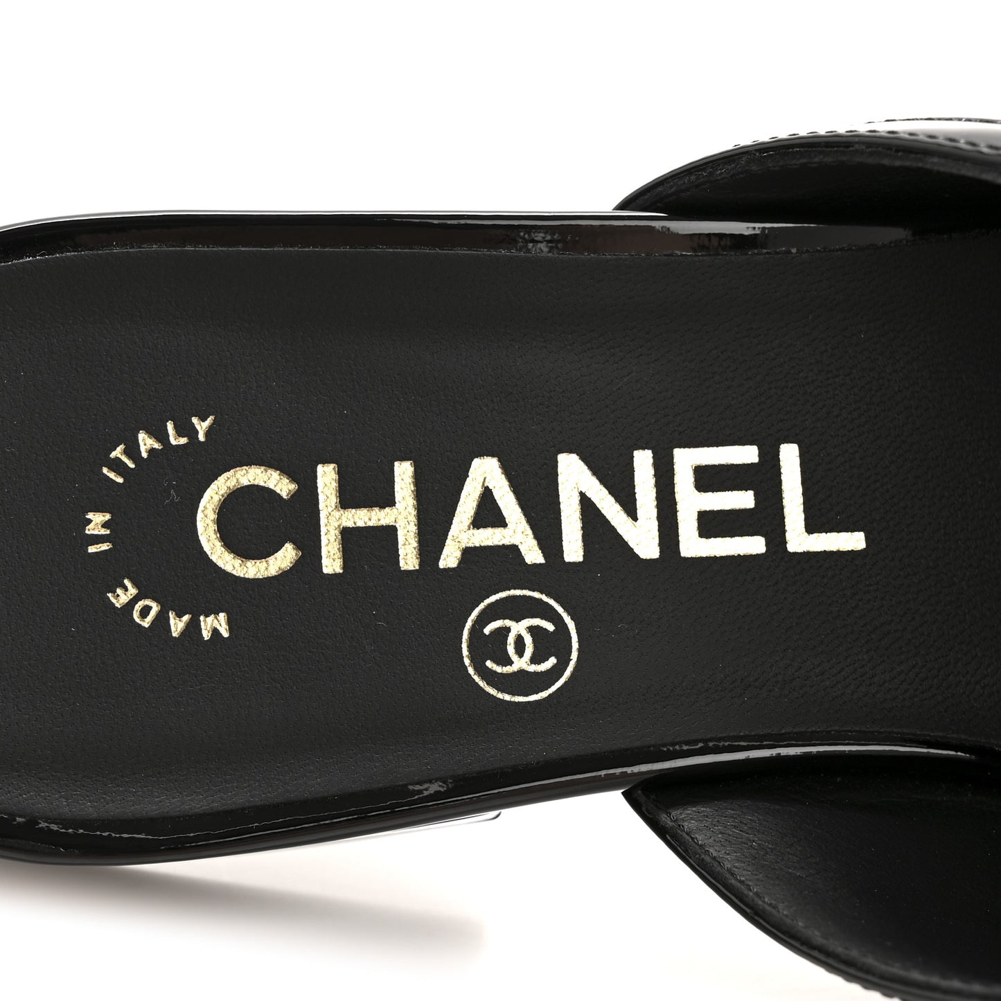Lambskin Patent Pearl Chain Charm CC Mules 37 Black