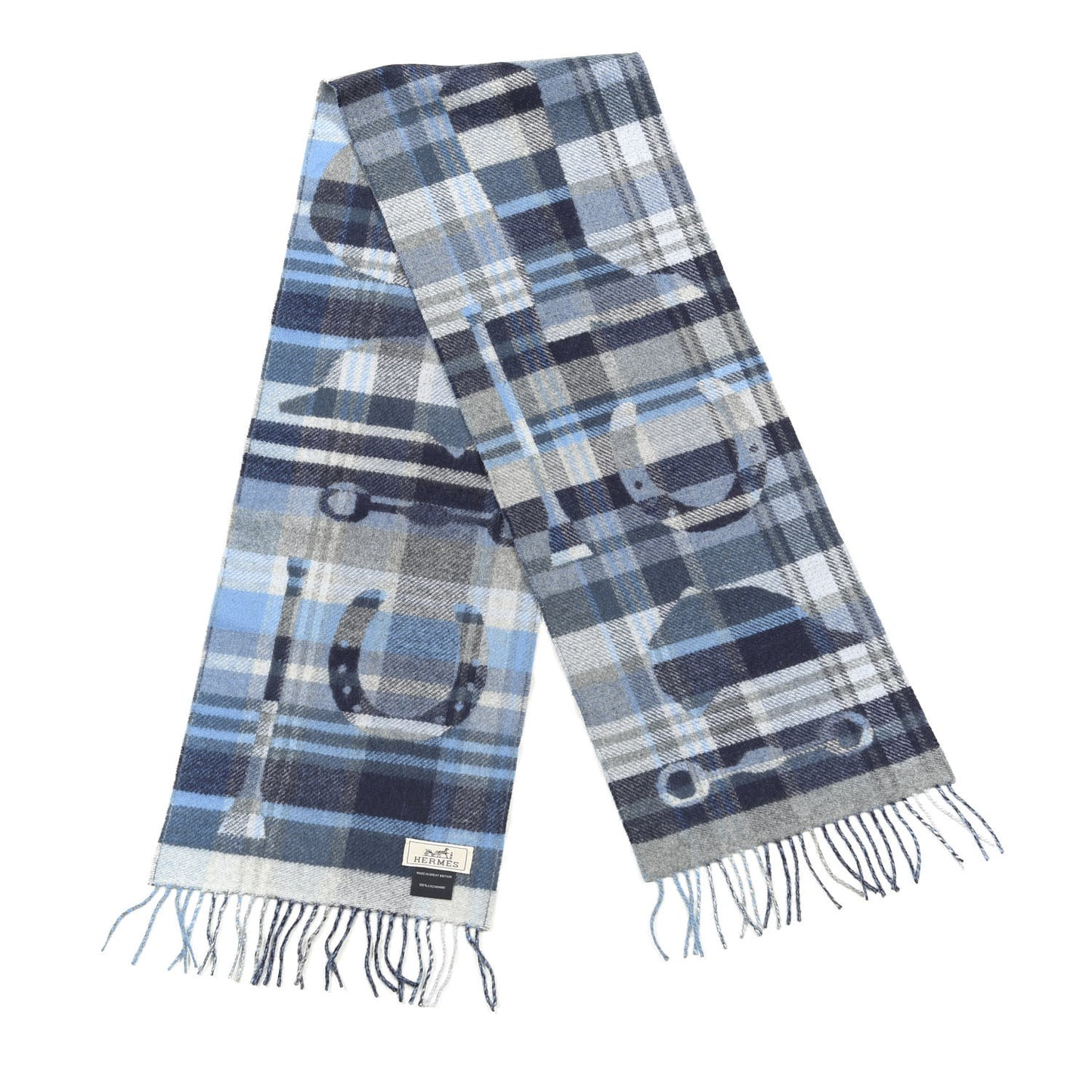 Cashmere HER-MES Tartan Muffler Ciel Gris Bleu Marine Ardoise