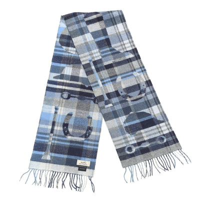 Hermes Cashmere HER-MES Tartan Muffler Ciel Gris Bleu Marine Ardoise 2 of 3