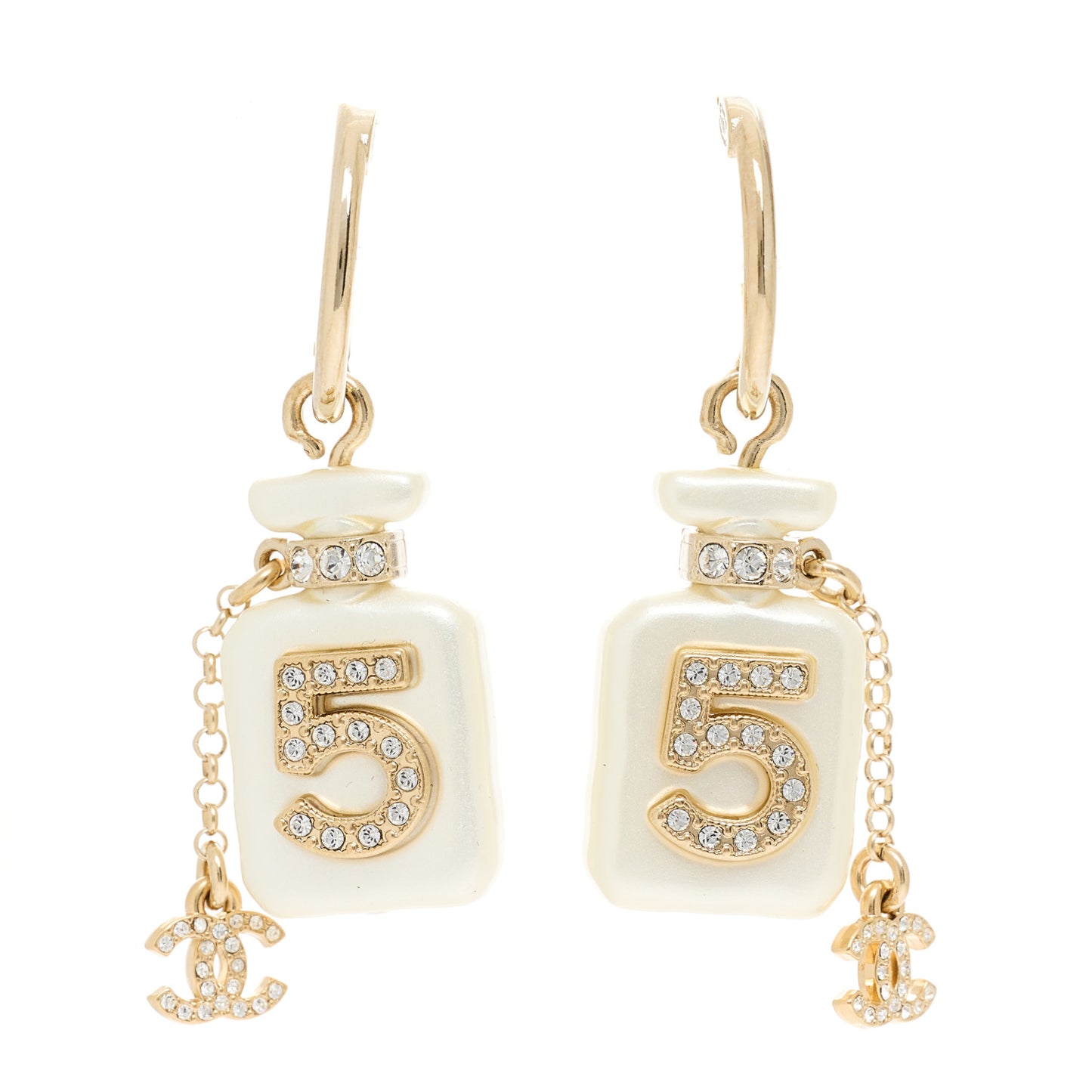 Pearl Resin Crystal CC No 5 Perfume Bottle Hoop Drop Earrings Gold Pearly White