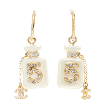 Chanel Pearl Resin Crystal CC No 5 Perfume Bottle Hoop Drop Earrings Gold Pearly White 1 of 5
