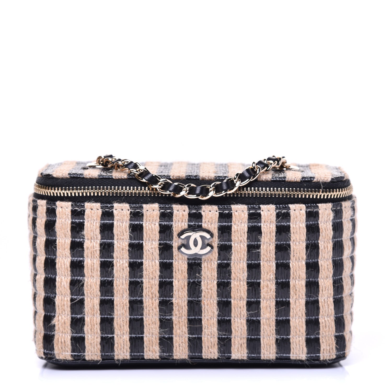 Chanel Raffia Jute Striped Small Vanity Case With Chain Black Beige 1 of 10