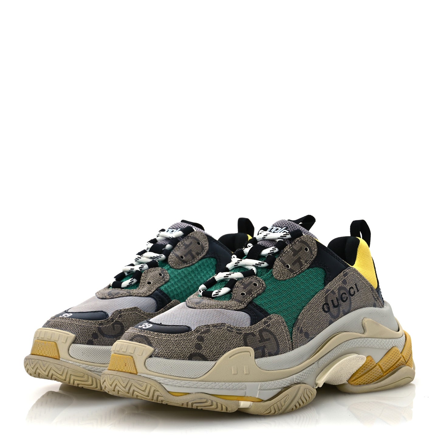 X GUCCI Maxi GG Supreme Monogram Womens Triple S Sneakers 39 Beige Ebony Black Green