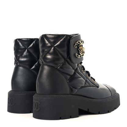 Chanel Lambskin Calfskin Quilted Lace Up Combat Boots 36.5 Black 5 of 9