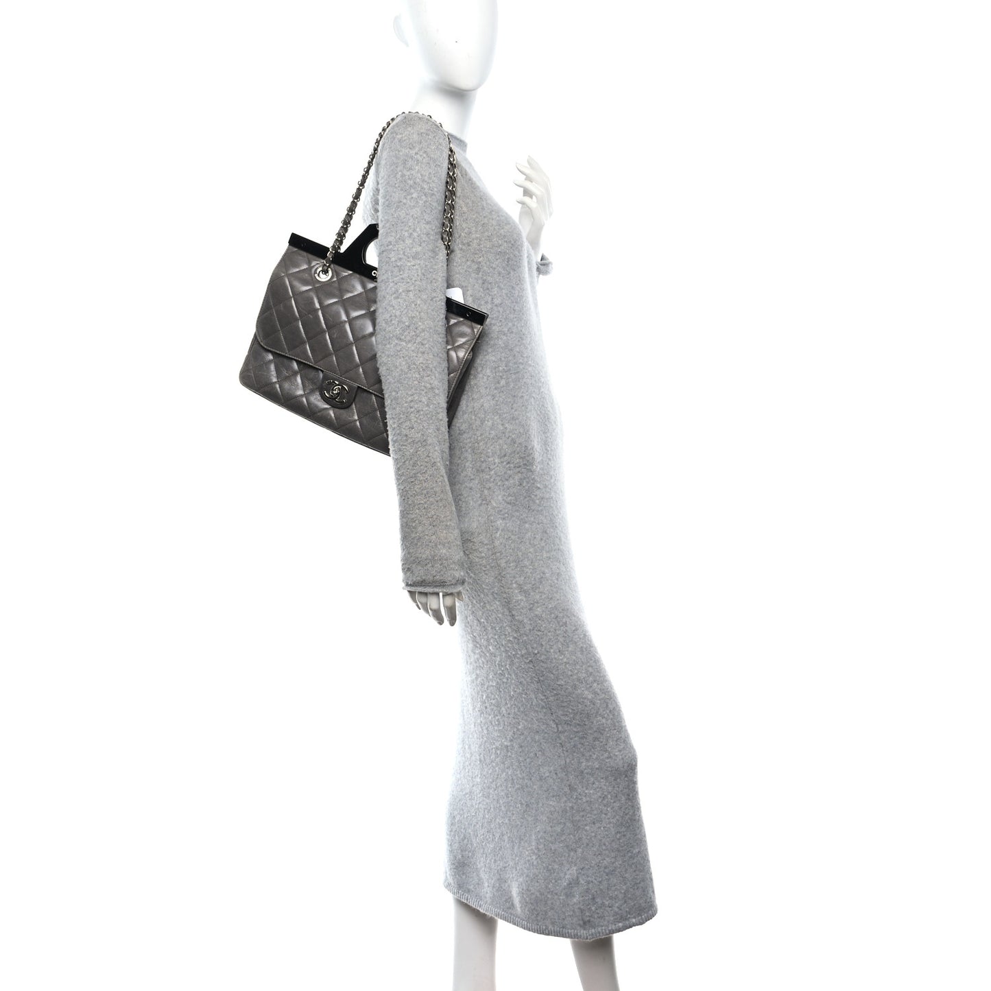 Glazed Calfskin Quilted Large CC Delivery Tote Grey