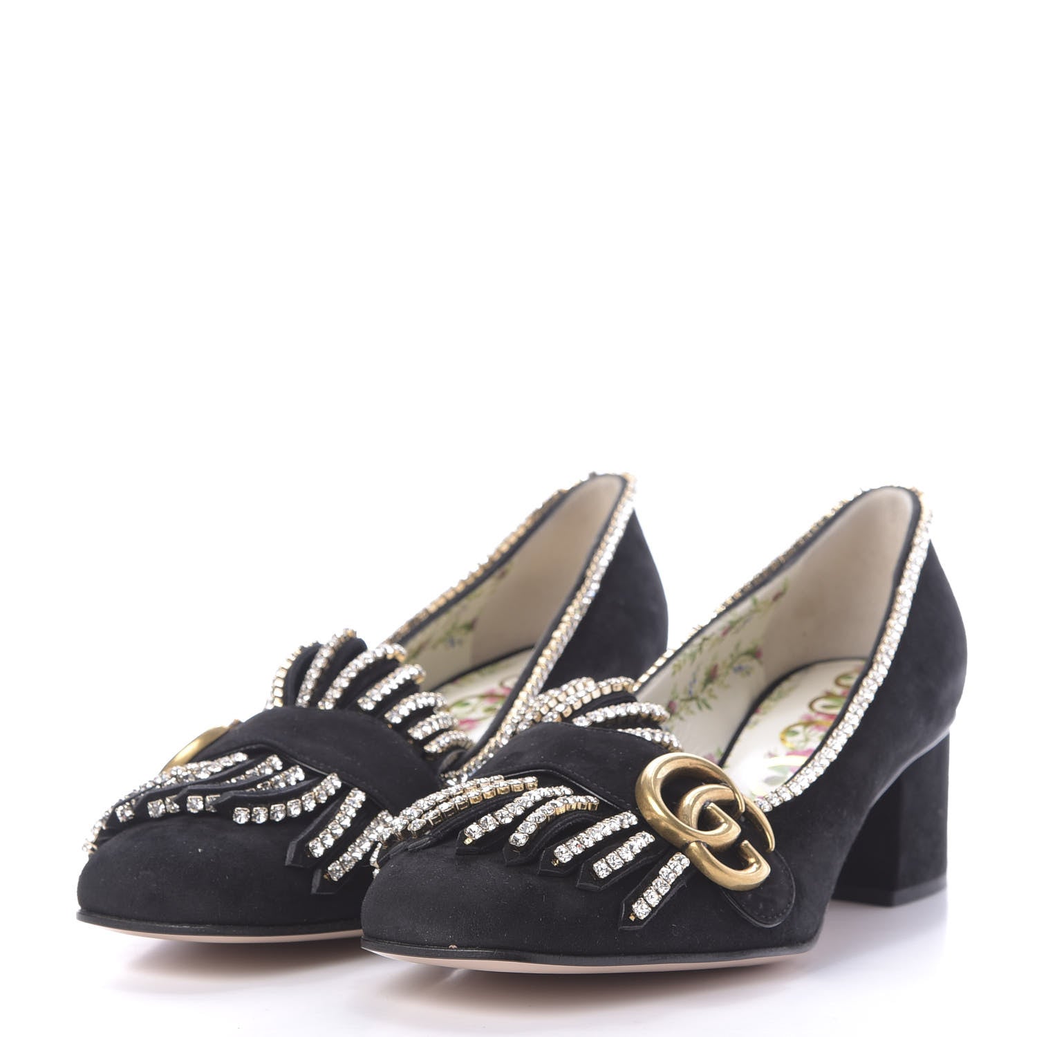 Gucci Kid Scamosciato Crystal GG Marmont Fringe 50mm Loafer Pumps 37.5 Black 3 of 12